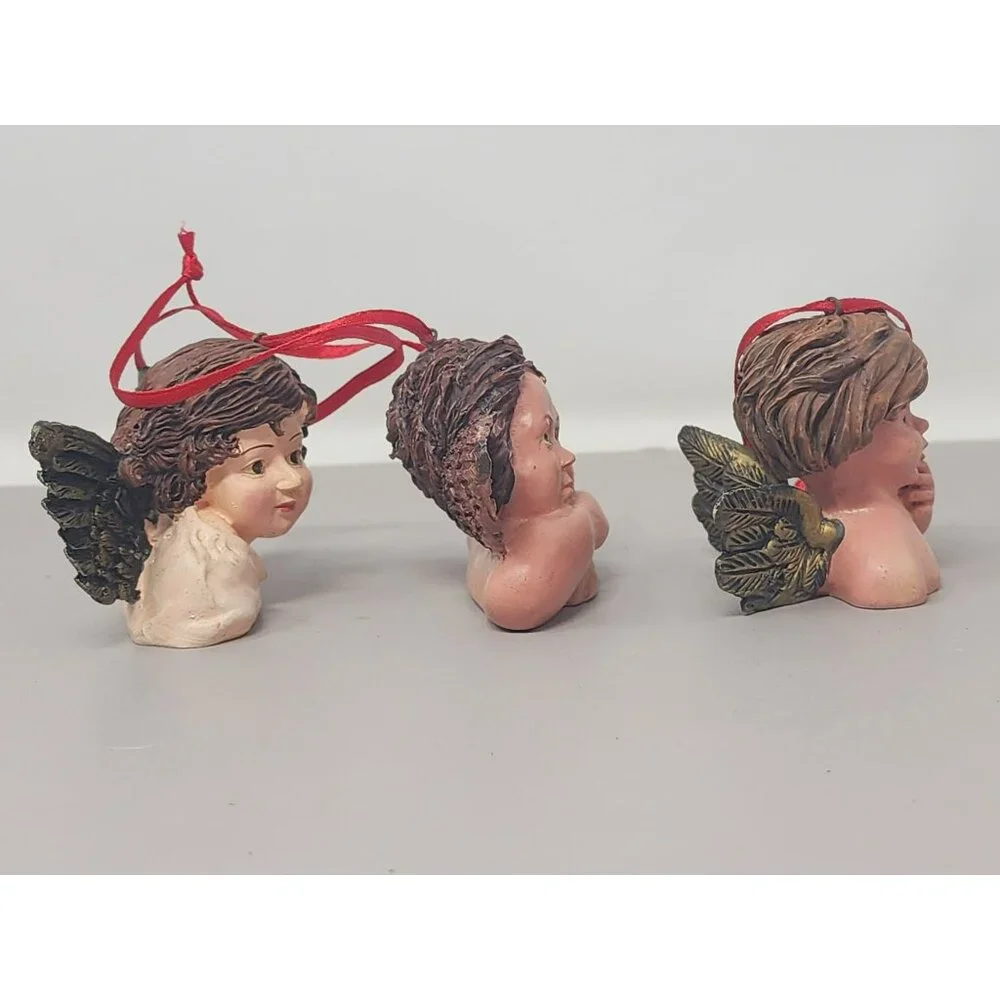 Set Of 3‎ Resin Angel Cherub Ornaments With Green Wings & Red Ribbon Hangers